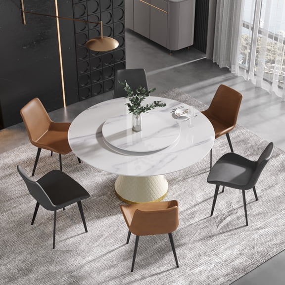 Magic Home 59” White Sintered Stone Round Dining Table with 31.5” White Slate Round Turntable for 6 People with White Solid Stainless Steel Base