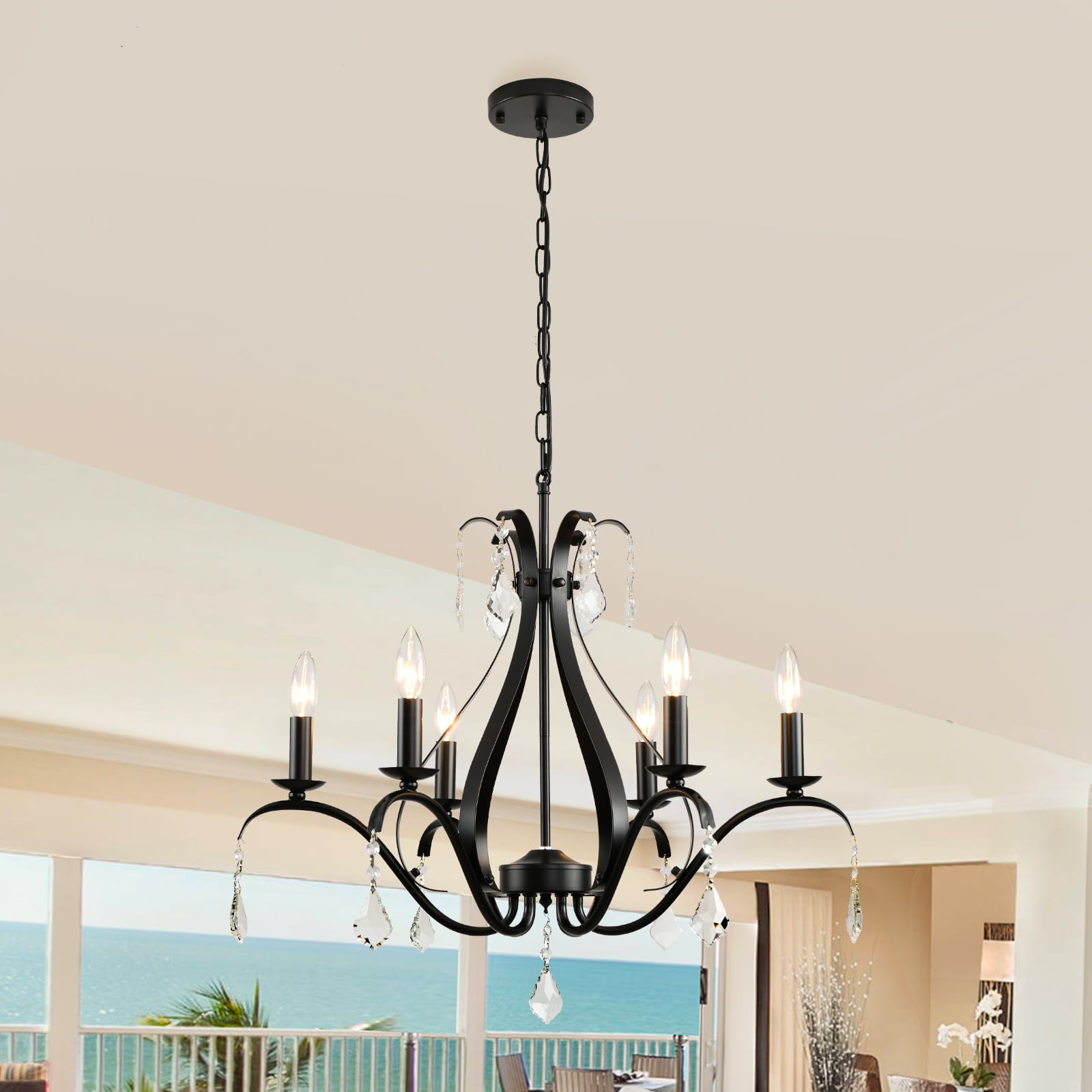LALUZ Farmhouse Chandelier, 6 Light Rustic Dining Room Chandelie 並行輸入品 LALUZ Black Chandelier, 6-Light Farmhouse Chandelier for Dining