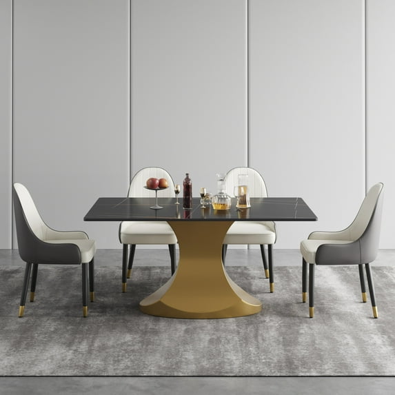 Magic Home 63" Light Luxury Sintered Stone Dining Table for 6 Person,Slate Rectangular Tabletop with Stainless Steel Base for Dining Room,Black Tabletop with I-shaped Gray Base