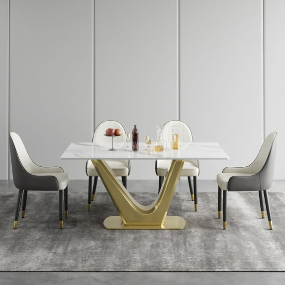 Magic Home 63" Light Luxury Sintered Stone Dining Table for 6 Person,Slate Rectangular Tabletop with Stainless Steel Base for Dining Room,White Tabletop with V-shaped Gold Base