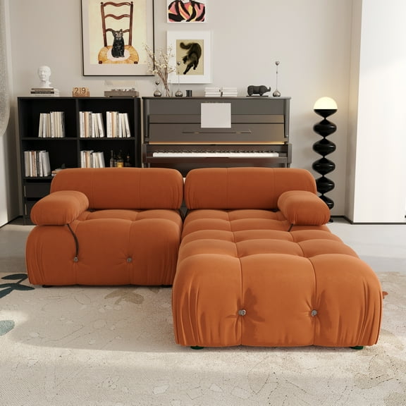 Magic Home 69.3" Modular Sectional Sofa with Movable Ottomans, Modern Flannel Fabric Deep Seat L-Shaped Cloud Couches Orange Couch for Living Room, Apartment, Office, 3-Seat, Orange