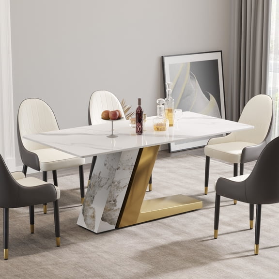 Magic Home 71" Light Luxury Sintered Stone Dining Table,Slate Rectangular Tabletop with Stainless Steel Base,Dining Table for 6 Person for Dining Room,White Tabletop with L-shaped Gold Base