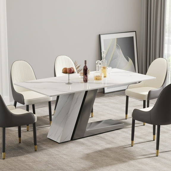 Magic Home 71" Light Luxury Sintered Stone Dining Table,Slate Rectangular Tabletop with Stainless Steel Base,Dining Table for 6 Person for Dining Room,White Tabletop with L-shaped Gray Base