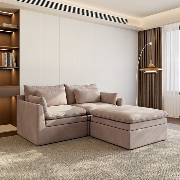 The Magic Home 78" Loveseat Cloud Couch Modular Sectional Sofa, L-Shaped Sectional Couch with Movable Ottoman, Deep Seat Sofa for Living Room, Khaki Couch