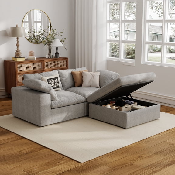 The Magic Home 79" Sofa Couch, Cloud Modular Sectional Sofa with Removable Storage Ottoman, L Shaped Linen Modern Comfy for Living Room, Apartment, Office, DIY Combination, 2 Seater Grey Couch