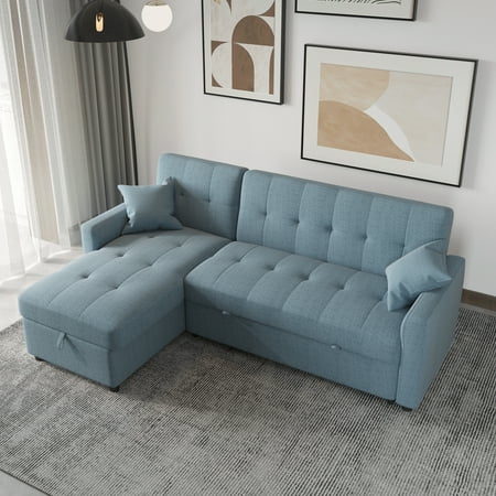 Magic Home 81" Sleeper Sofa,Modern Tufted Convertible Sofa Bed,L Shaped Sofa Linen Couch with Storage Chaise for Living Room,Blue