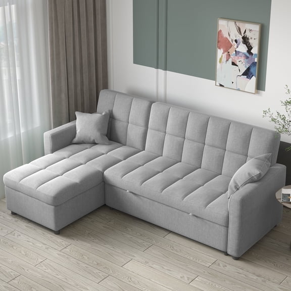 Magic Home 81" Sleeper Sofa,Modern Tufted Convertible Sofa Bed,L Shaped Sofa Linen Couch with Storage Chaise for Living Room,Light Gray