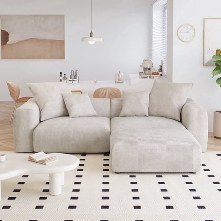Magic Home Convertible Sectional Sofa Modular Couch,L-Shaped Modern Cozy Corduroy Sofa with Pillows for Living Room,Apartment and Small Space,2-Seat Sofa with One Ottoman,Beige