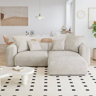 Magic Home Convertible Sectional Sofa Modular Couch,L-Shaped Modern Corduroy Sofa with Pillows for Living Room,Apartment and Small Space,2-Seat Sofa with one Ottoman,Beige