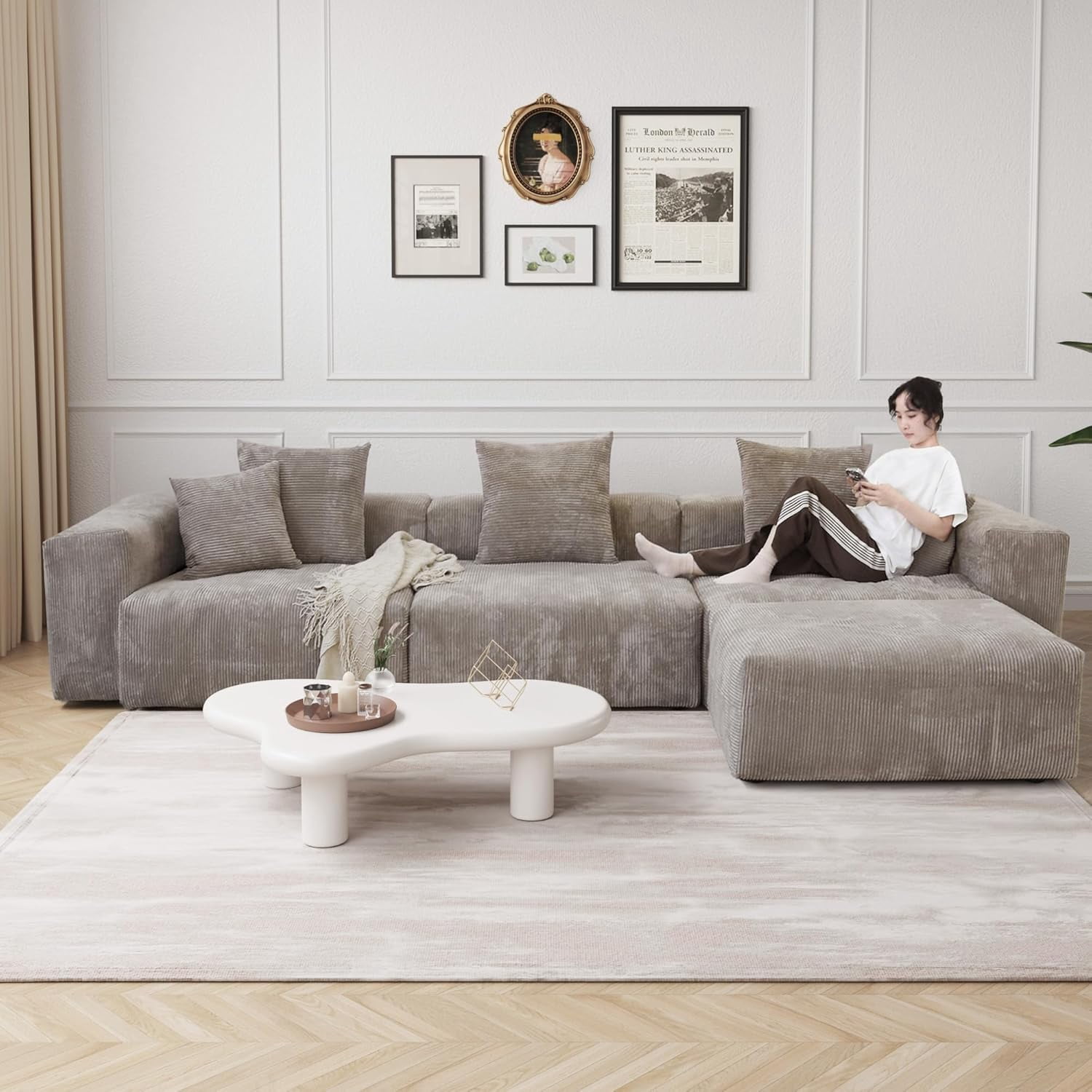 Magic Home Convertible Sectional Sofa Modular Couch,L-Shaped Modern Corduroy Sofa with Pillows for Living Room,Apartment and Small Space,3-Seat Sofa with one Ottoman,Brown