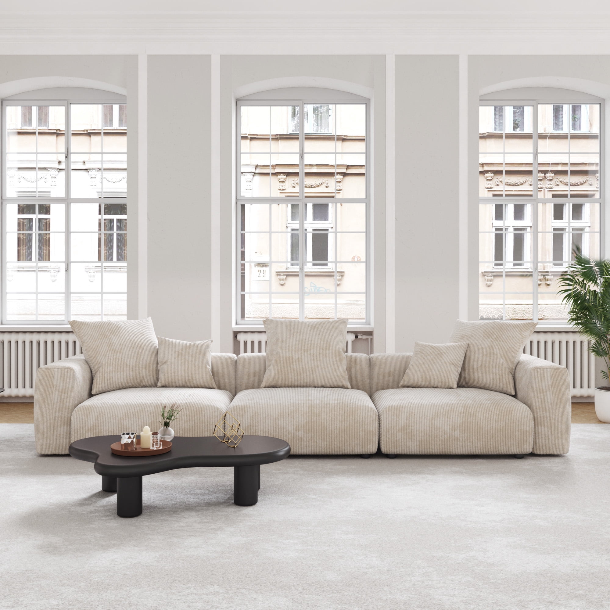 Magic Home Convertible Sectional Sofa Modular Couch,Modern Corduroy Sofa with Pillows for Living Room,Apartment and Small Space,3-Seat Sofa,Beige Sofa