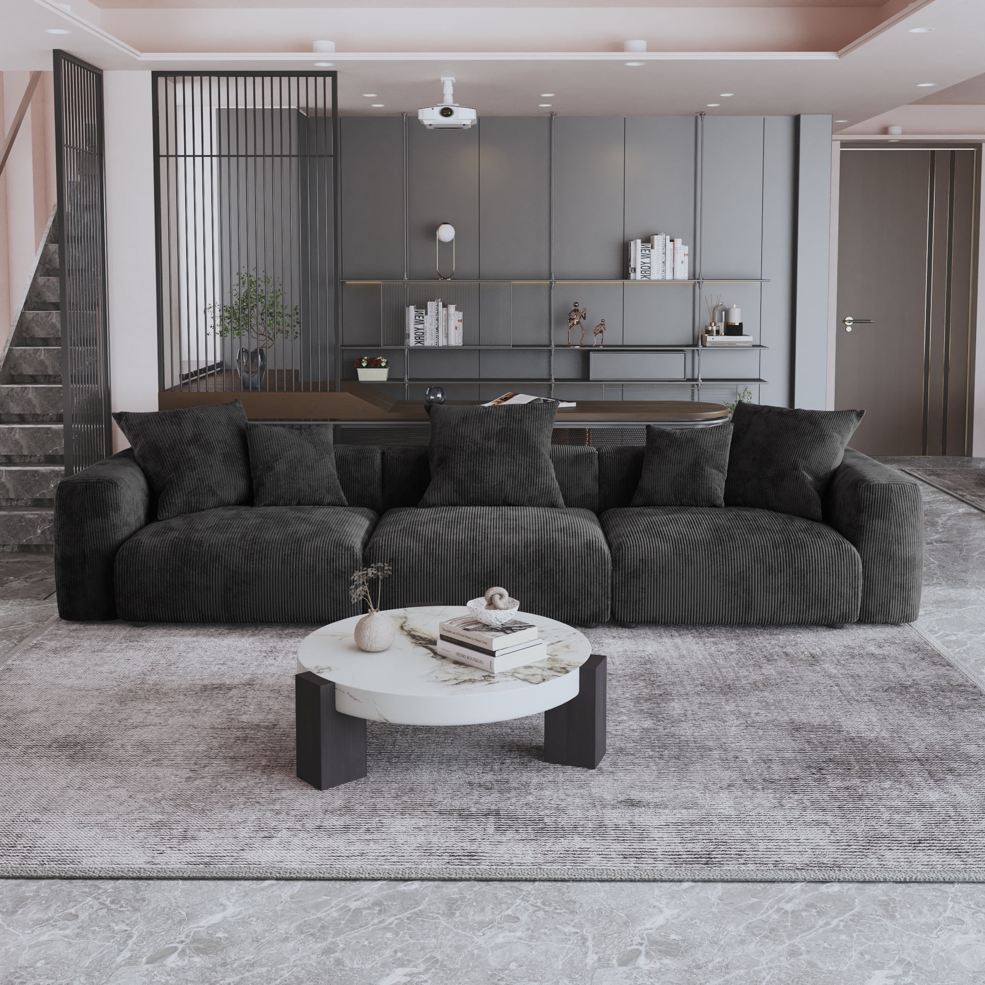Magic Home Convertible Sectional Sofa Modular Couch,Modern Corduroy Sofa with Pillows for Living Room,Apartment and Small Space,3-Seat Sofa,Black