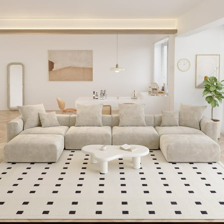 Magic Home Convertible Sectional Sofa Modular Couch,U-Shaped Modern Corduroy Sofa with Pillows for Living Room,Apartment and Small Space,4-Seat Sofa with two Ottomans,Beige