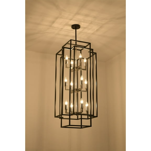 Magic Home Industrial Traditional Vantage 12 - Light Lantern Rectangle 3-Tier Chandelier Ceiling Mount E12 Adjustable Hanging Height Black Grey