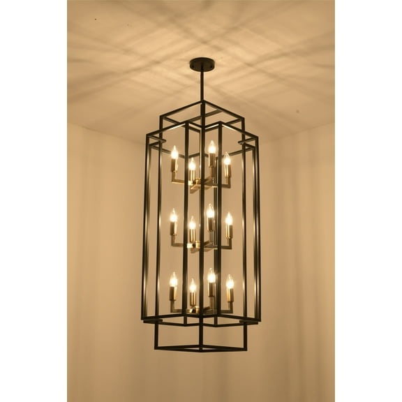 Magic Home Industrial Traditional Vantage 12 - Light Lantern Rectangle 3-Tier Chandelier Ceiling Mount E12 Adjustable Hanging Height Black Grey