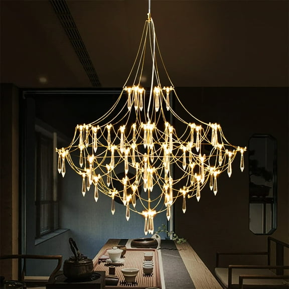 Magic Home LED 66-Light Dining Room Light Fixtures Over Table,Modern Stainless Steel Fireworks Crystal Chandeliers,Gold Kitchen Island Lighting,High Ceiling Lighting Fixture,Gold