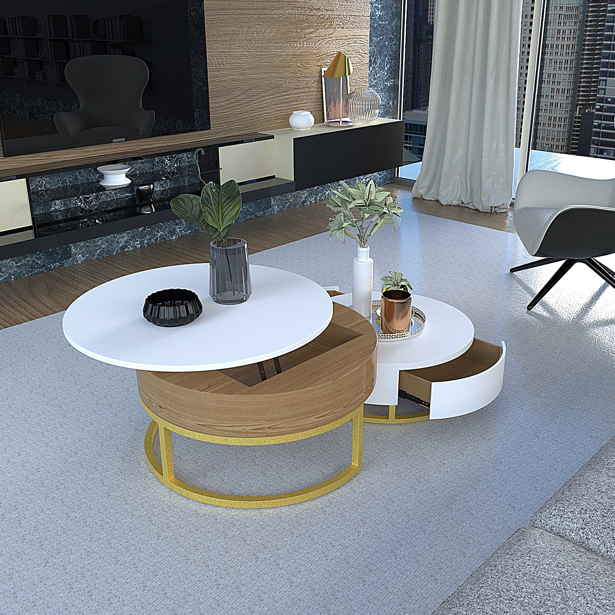 Magic Home Modern Nesting Coffee Table Round Lift-Top Coffee Table Set ...
