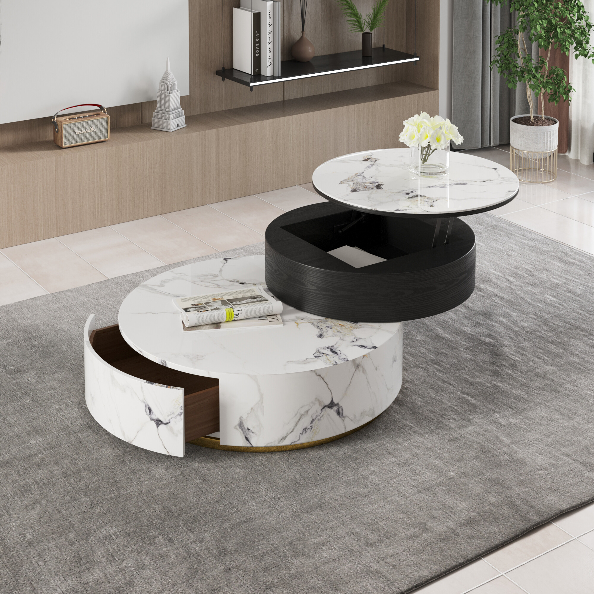 Magic Home Modern Round Coffee Table with Storage,Lift Top Coffee Table