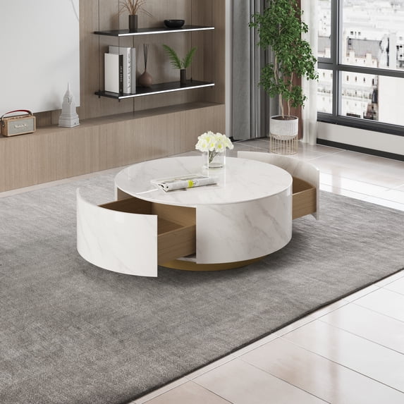 Magic Home Modern Round Coffee Table with Two Drawers,Circle Coffee Table Space-Saving Multiple Purpose for Living Room,dining room and home office,White