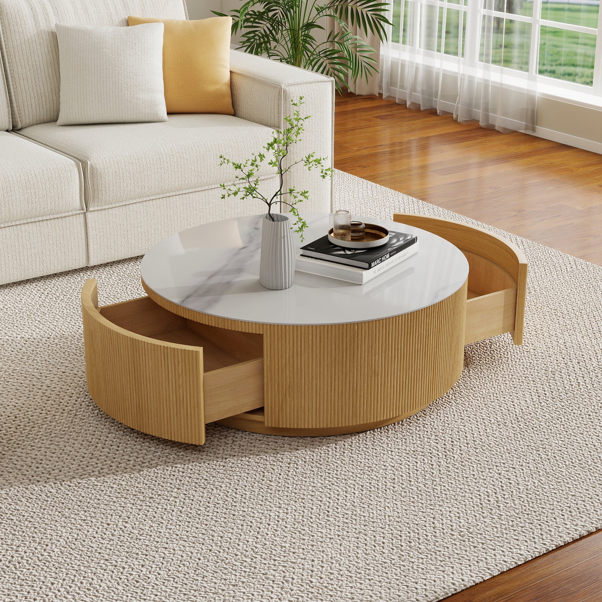 Magic Home Modern Round Coffee Table with Two Drawers,Circle Coffee Table Space-Saving Multiple Purpose for Living Room,dining room and home office,Wood color