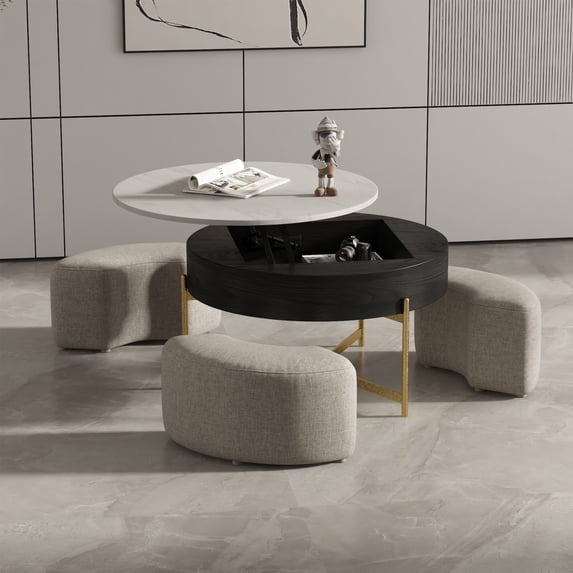 Magic Home Modern Round Coffee Table with Storage,Lift-Top Coffee Table Nesting Sofa Table with 3 Stools Space-Saving Multiple Purpose,Black