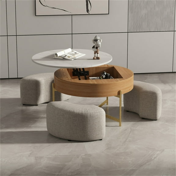 Magic Home Modern Round Coffee Table with Storage,Lift-Top Coffee Table Nesting Sofa Table with 3 Stools Space-Saving Multiple Purpose,White