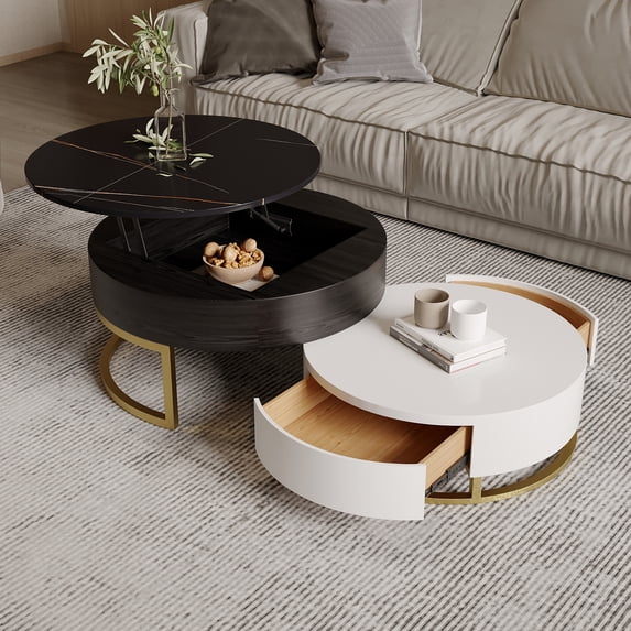 Magic Home Modern Round Lift-Top Coffee Table Nesting Sofa Table 360 Degree Rotation Space-Saving Multiple Purpose Black White 2 Colors Available