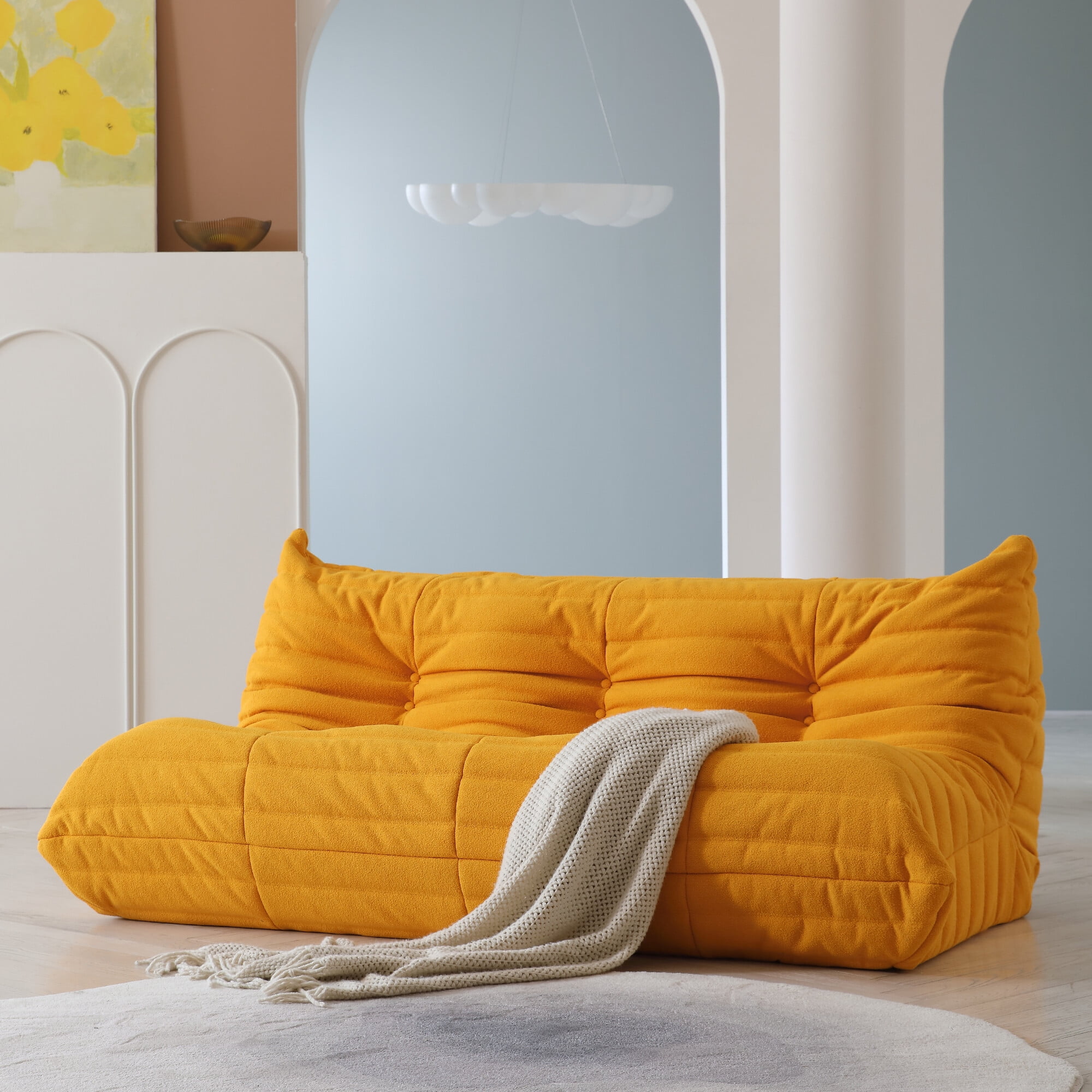 Magic Home Modern Sectional Sofa Togo Sofa Lazy Sofa Foam Couch Floor Sofa for Bedroom Living Room Apartment and Small Space Three Seat Sofa Yellow