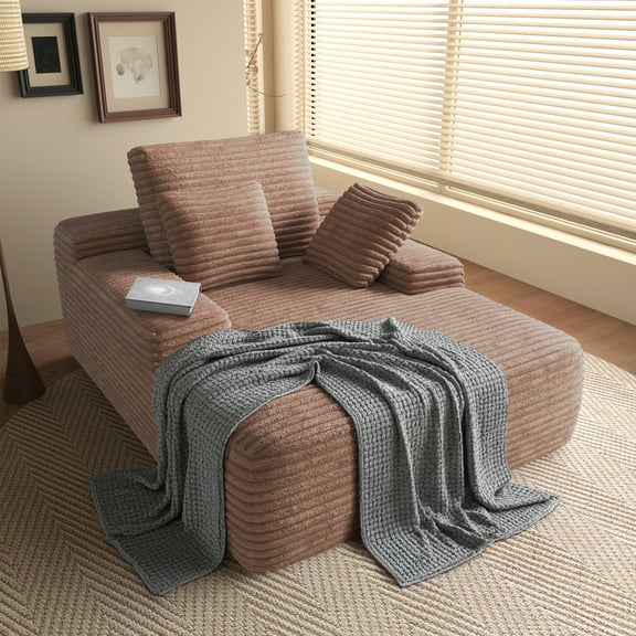 Magic Home Oversized Chaise Lounge Chair Indoor Furniture with Back Cushion, Pillows, Cloud Plush Corduroy Upholstered Sofa Bed for Living Room, Bedroom, No Assembly Required, Brown