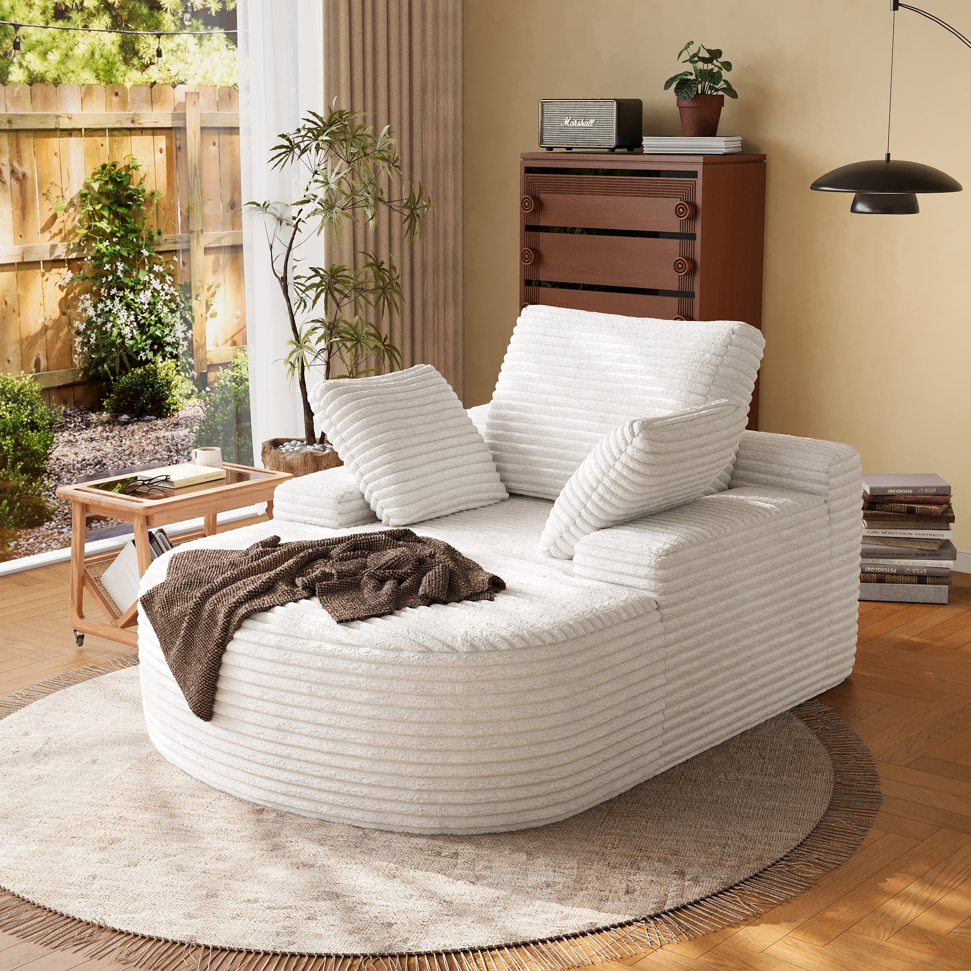 Magic Home Oversized Chaise Lounge Chair Indoor, Modern Deep Seat Sofa with Back Cushion, Pillows, Cloud Plush Corduroy Upholstered Sofa Bed, for Living Room,Bedroom,No Assembly Required, Beige Couch