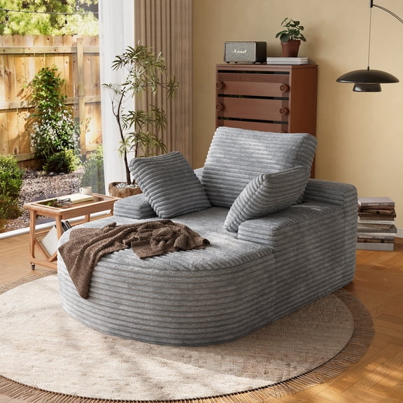 Magic Home Oversized Chaise Lounge Chair Indoor, Modern Deep Seat Sofa with Back Cushion, Pillows, Cloud Plush Corduroy Upholstered Sofa Bed, for Living Room,Bedroom,No Assembly Required, Gray Couch