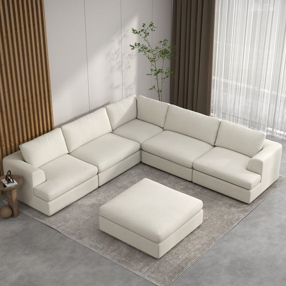 The Magic Home Oversized Modular Sectional Sofa Couch, Deep Seat Bouclé Cloud Couch with Movable Ottoman, L Shaped Convertible Sofa for Living Room, Beige Couch