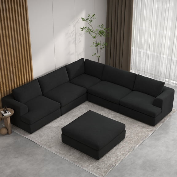 The Magic Home Oversized Modular Sectional Sofa Couch, Deep Seat Bouclé Cloud Couch with Movable Ottoman, L Shaped Convertible Sofa for Living Room, Black Couch