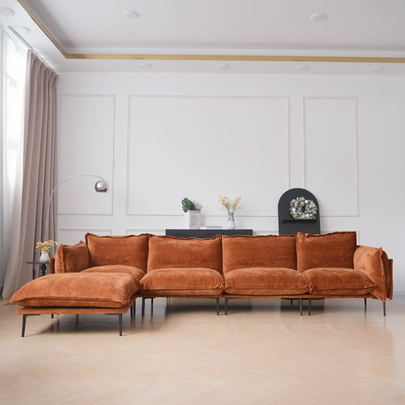 Magic Home Sectional Sofa with High Sofa Legs L-Shaped Couch Sofa Velvet Orange Couches 5 Seat Sofa U-shaped Sectional Couch, Living Room Furniture Set for Home Apartment Office Studio