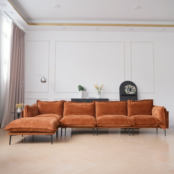 Magic Home Sectional Sofa with High Sofa Legs L-Shaped Couch Sofa Velvet Orange Couches 5 Seat Sofa U-shaped Sectional Couch, Living Room Furniture Set for Home Apartment Office Studio