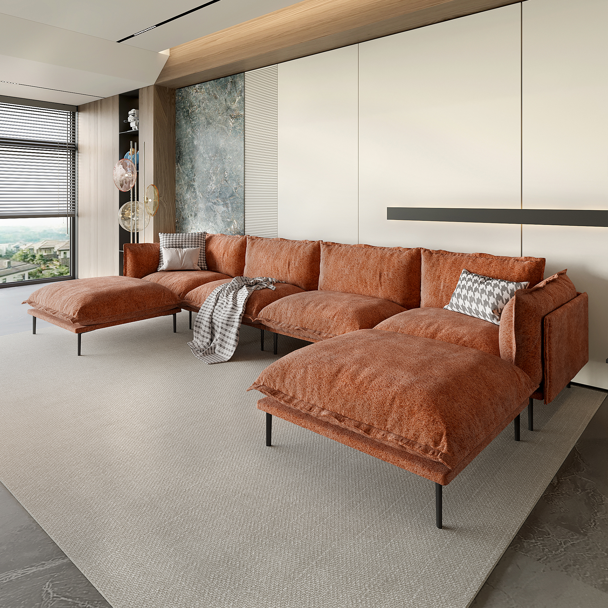 Magic Home Sectional Sofa with High Sofa Legs L-Shaped Couch Sofa Velvet Orange Couches 6 Seat Sofa U-shaped Sectional Couch, Living Room Furniture Set for Home Apartment Office Studio
