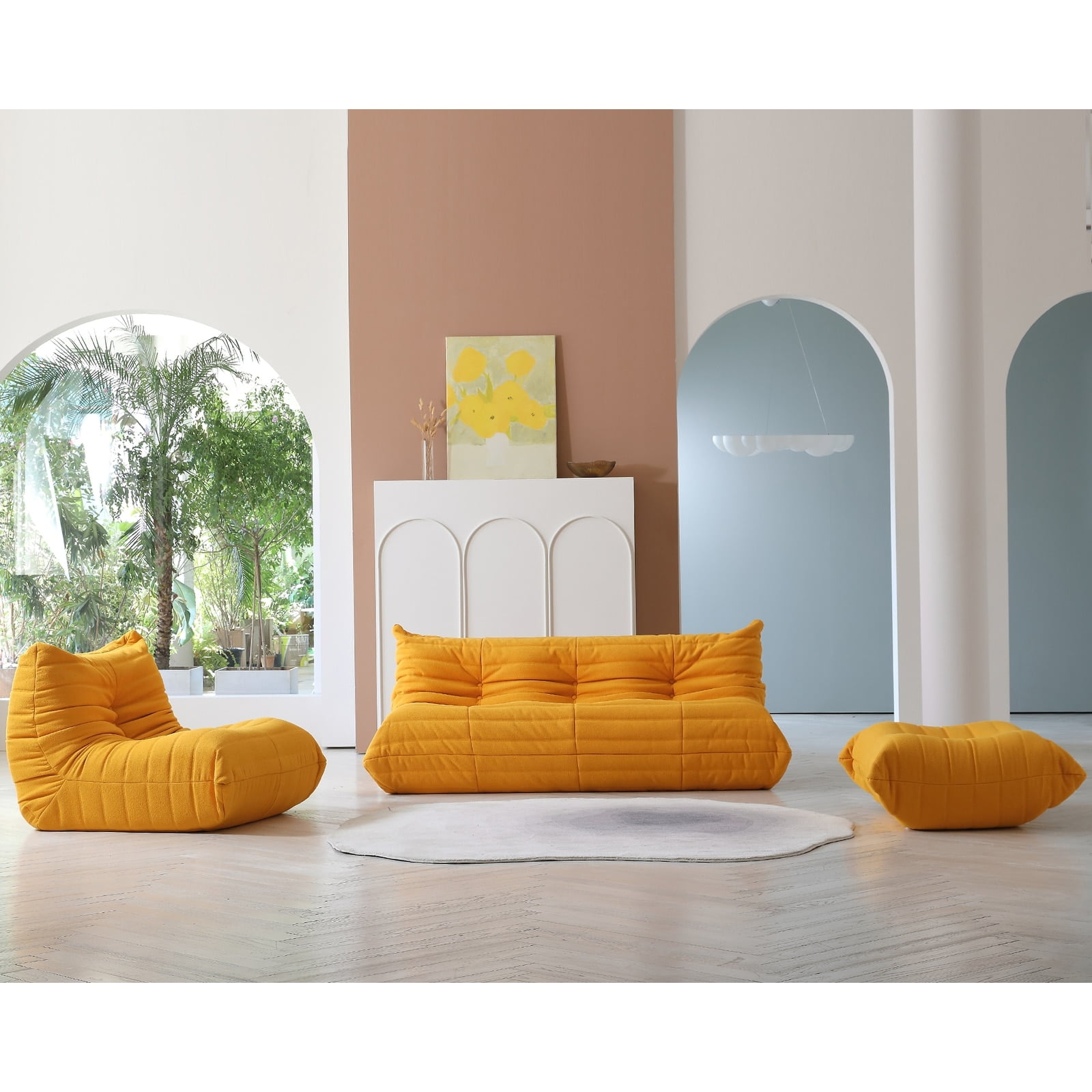 Yellow Teddy Velvet Bean Bag Chair with Ottoman