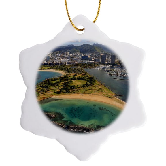 3drose, Magic Island, Ala Moana Beach Park, Oahu, Hawaii, 3 inch Snowflake Porcelain Ornament