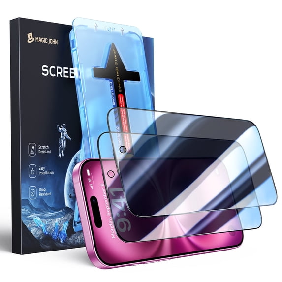 Magic John 2 Pack Privacy Screen Protector for iPhone 16 Plus/iPhone 15 Plus Tempered Glass Ease of Use