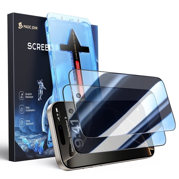Magic John 2 Pack Privacy Tempered Glass Screen Protector for iPhone 16 Pro,99.99% HD Clear 9H Anti‑Scratch Fast & Easy Installation