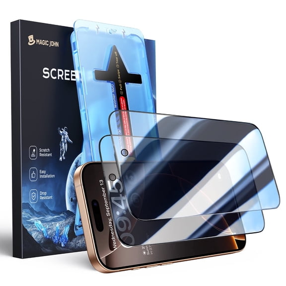 Magic John 2 Pack Privacy Tempered Glass Screen Protector for iPhone 16 Pro Max,99.99% HD Clear 9H Anti‑Scratch Fast & Easy Installation