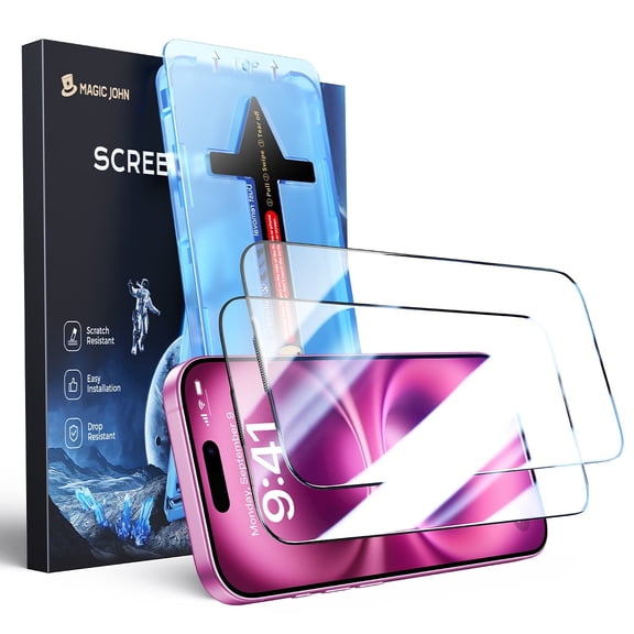 Magic John 2 Pack for iPhone 16 Plus Screen Protector, Tempered Glass, HD Clear, Military-Grade Shatterproof, Full Coverage