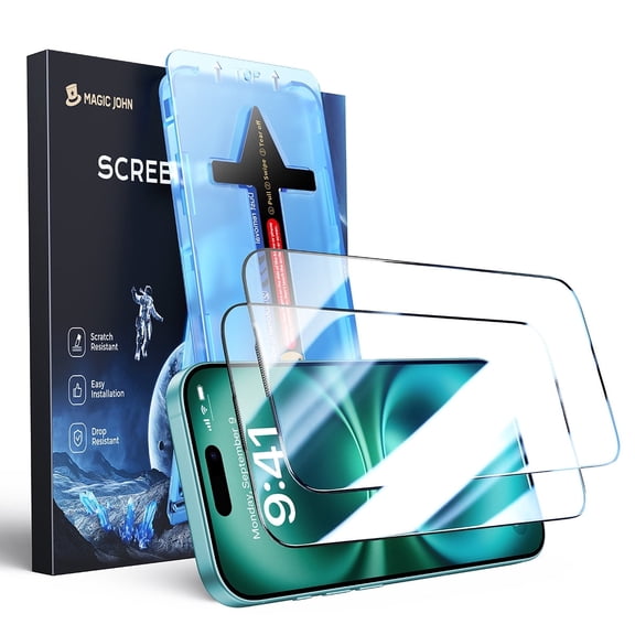 Magic John 2 Pack for iPhone 16 Screen Protector, Tempered Glass, HD Clear, Military-Grade Shatterproof, Full Coverage