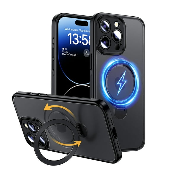 Magic John Phone Case for iPhone 14 Pro Rotatable Ring Kick Stand Magsafe Charging Shockproof Cover