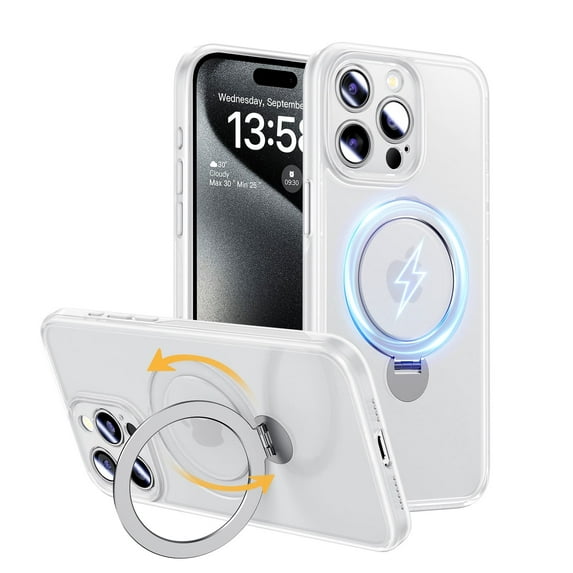 Magic John Phone Case for iPhone 15 Pro Rotatable Ring Kick Stand Magsafe Charging Shockproof Cover