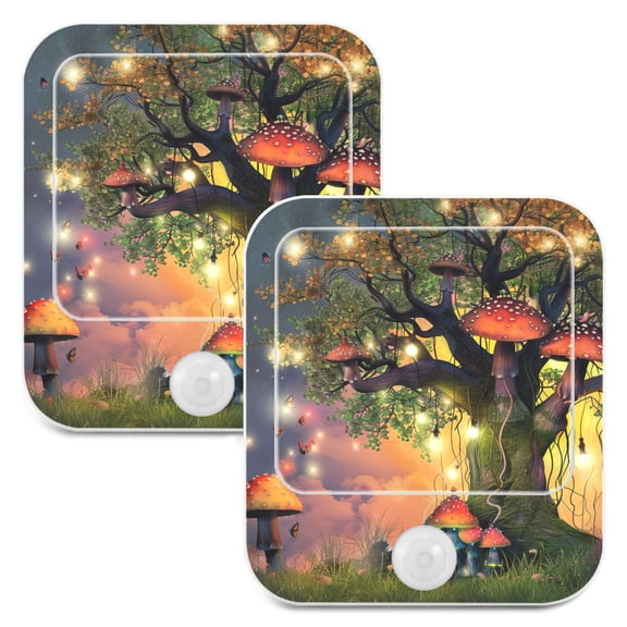 Magic Lamp on Mushroom Tree 2 Pack LED Motion Sensor Night Light Plug into Wall Auto Dusk to Dawn Adjustable Brightness for Kids Bedroom Hallway Nursery Room