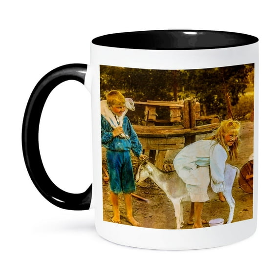 3dRose, Magic Lantern Slide Hand Tinted Children and Their Goats Vintage, 11oz Two-Tone Black Mug