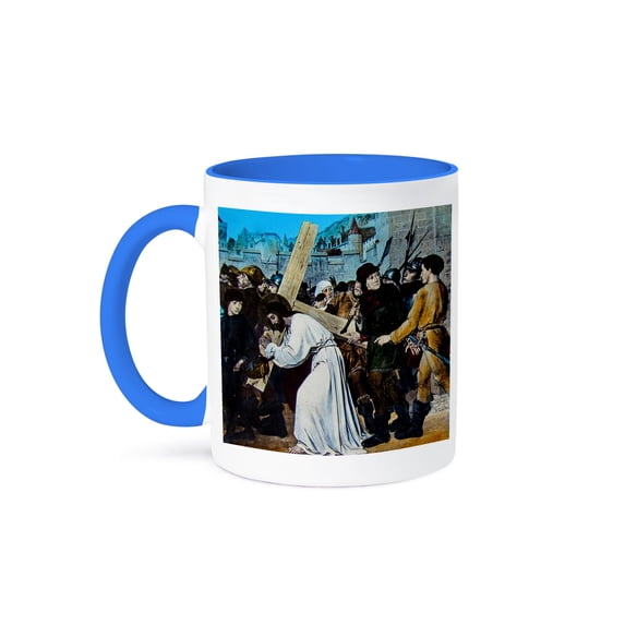 3dRose, Magic Lantern Slide Jesus Carrying Cross Miedieval Style Vintage 1890s, 15oz Two-Tone Blue Mug