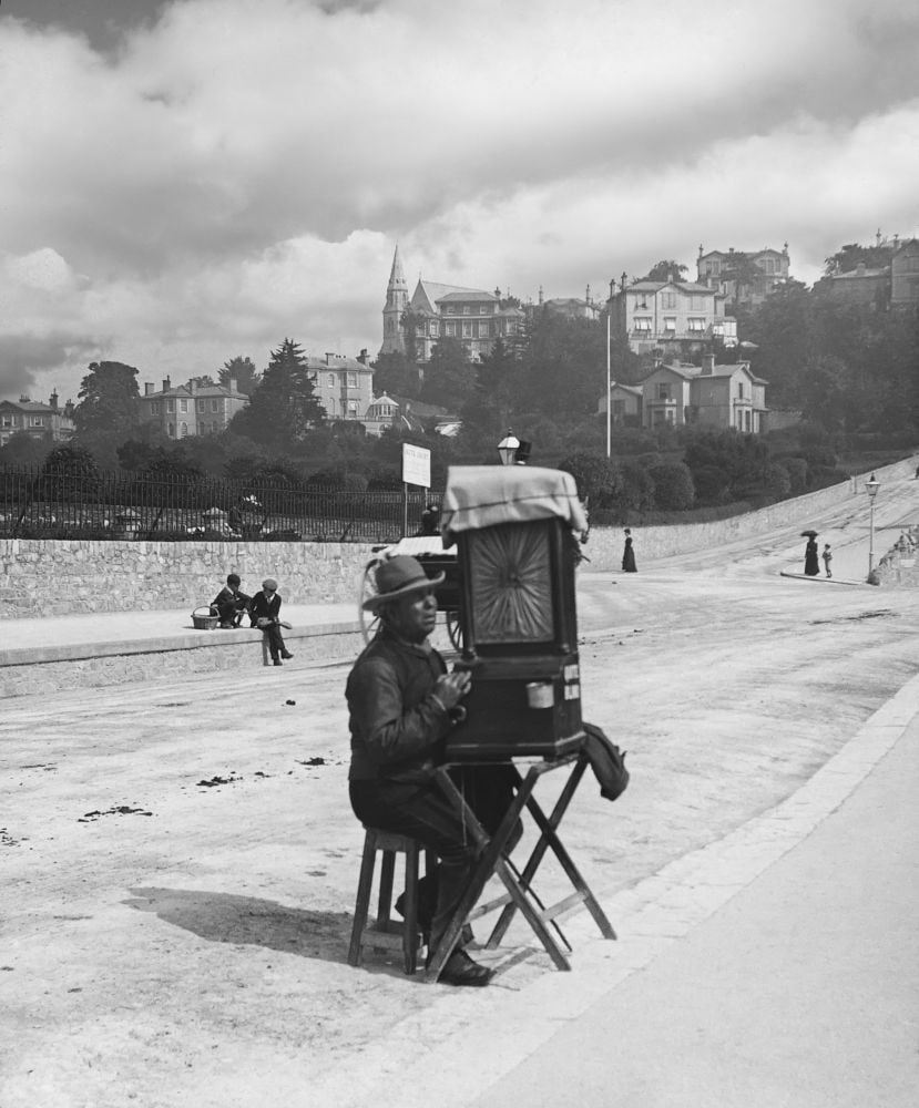 Magic Lantern slide circa 1880, Victorian/Edwardian. social history. Blind beggar man playing a