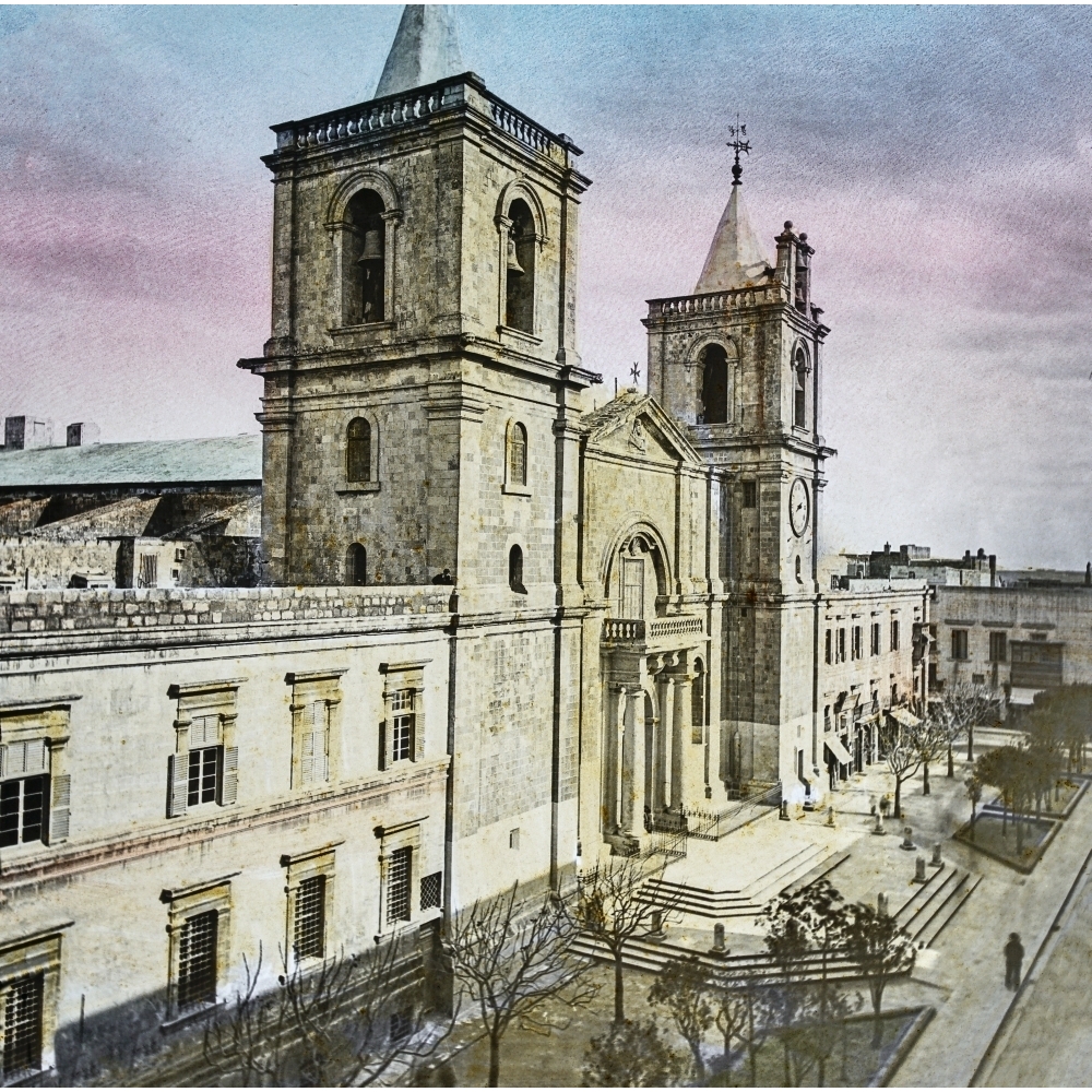 Magic Lantern slide circa 1900 hand coloured. Titled Cities and places